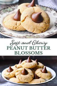 soft and chewy peanut butter blossom cookies on a plate