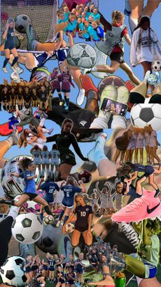 a collage of many different people and soccer balls in the air with one person jumping up into the air