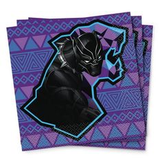 three purple and blue napkins with an image of a black panther on the front