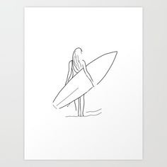 a drawing of a woman holding a surfboard on the beach with her back to the camera