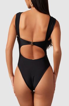 Thoughtfully placed gathers and a center knot create beautiful ruching along the top and straps of this elegant one piece swimsuit. Whether wearing on a yacht or by the pool, this stunner will have you looking and feeling like money. Thick double-lined fabric Gold colored clasp - tarnish and rust resistant High cut at legs Cheeky bottoms Elegant Black Swimwear With Ruched Back, Elegant Swimwear With Knotted Straps For Beach, One-piece Swimwear With Knotted Straps For Pool, Elegant Beach Swimwear With Knotted Straps, Black Swimwear With Knotted Straps For Summer, Ruched One-piece Swimming Bodysuit, One-piece Ruched Bodysuit For Swimming, Elegant Sleeveless Swimwear With Ruched Back, Black Swimwear With Ruched Back For Pool