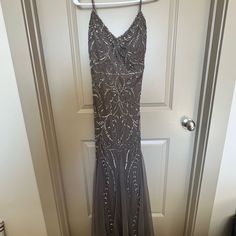 Adrianna Papelle Embellished Gown, Ties Up In Back Making It Very Versatile. All Beading Intact, Worn Once! Altered In The Hips To About Size 8 Clothes For Reference Adrianna Papell Dresses, Embellished Gown, Adrianna Papell, Size 10, Prom, Prom Dresses, Womens Dresses, Grey, 10 Things