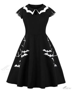 Elluis - Elegantly Crafted Halloween Bat Embroidered Dress Set with Matching One Piece Spooky Halloween Costume Party Dresses, Witchy Dresses For Halloween Costume Party, Short Sleeve Halloween Dress, Witchy Halloween Evening Dresses, Short Sleeve Halloween Party Dress, Black A-line Halloween Dress, Witchy Dresses For Costume Party In Fall, Spooky Black Party Dress, Black Spooky Party Dress