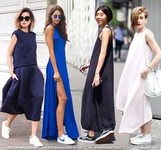 How to Wear Dress + Sneakers for Summer Long Formal Dress With Sneakers, Formal Dress Sneakers Outfit, Evening Dresses With Sneakers, High Low Dress With Sneakers, Formal Dress Sneakers, Summer Dress Sneakers Outfit, Sneakers With Sundress, Summer Dress With Sneakers Street Style, Maxi Dress Sneakers Outfit Summer