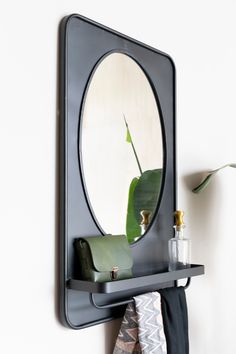 there is a mirror on the wall above a shelf with a plant in front of it