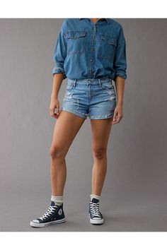 Rigid in the front. Stretchy in the back. Magic all over with innovative 50/50 construction/Indigo wash/Ripped/These shorts are Real Good: Made with the planet in mind & a promise to continue to do better. Distressed High-waisted Jean Shorts Relaxed Fit, High-waisted Jean Shorts With Frayed Hem In Relaxed Fit, Distressed Denim Blue Mid-rise Shorts, High-waisted Shorts With Frayed Hem In Medium Wash, Distressed Mid-rise Denim Blue Shorts, American Eagle Outfitters, American Eagle, Denim Shorts, Women Jeans