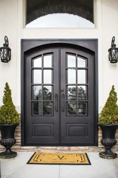 a black double door with two potted plants on the front steps and an entry mat