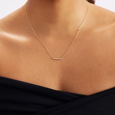 "1- P R O D U C T ∙  D E S C R I P T I O N Remember that diamonds are a girl's best friend when the diamond is too precious to wear. So keep our 14k real gold diamond bar necklace close, especially around your neck. 2- P R O D U C T ∙  D E T A I L S Diamond Quality: * Diamond carat: 0.10 ct. * Clarity: VS2 * Color: F-G * Cut: Excellent cut * Diamond type: Natural * Setting type: Prong setting Gold material: 14K solid gold Choice of gold color: Yellow gold, Rose gold, White gold * Chain length: Minimalist Diamond Accents Bar Necklace As Gift, Minimalist Diamond Accents Bar Necklace Gift, Minimalist Bar Necklace With Diamond Accents As Gift, Minimalist Bar Necklace With Diamond Accents For Gift, Minimalist Bar Necklace With Diamond Accents, Minimalist Yellow Gold Bar Necklace With Diamond Accents, Everyday Yellow Gold Diamond Bar Necklace, Dainty Yellow Gold Diamond Bar Necklace, Fine Jewelry Diamond Bar Necklace