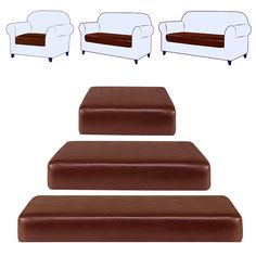 a set of three white couches with brown footstools