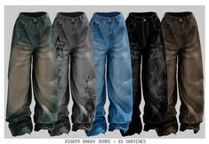 five different colored jeans are lined up in a row on a gray background, with the words twenty below them