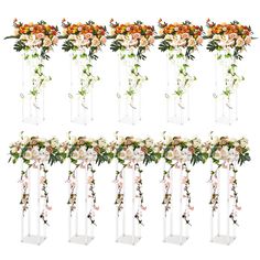 a bunch of flowers that are in vases on a white background with the same flower arrangement