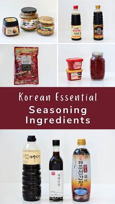 korean essential seasoning ingredients are shown in this collage with text overlay that reads, korean essential seasoning ingredients