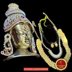 Design by Classical Dance Jewelry® ❥ Product Details: Designer Brass decorated Goddess Varalakshmi Ammavaru Face , Crown kireetam 9 Piece set ❥ Material is Brass alloys ❥ Color: Gold, Brass ❥ Beautiful Goddess Lakshmi face set used for varalakshmi Vratham ❥ Beautifully embossed mask used for pooja during Varalakshmi Vratham ❥ Very Heavy Face ❥ Beautifully decorated mask used for pooja during Varalakshmi Vratham ❥ Completely Decorated with High Quality Stones and pearls 🎈We will send item that a Traditional Heavy Choli For Festivals, Heavy Traditional Choli For Festivals, Navratri Meenakari Ceremonial Sets, Ceremonial Meenakari Sets For Navratri, Festive Kundan Sets For Rituals, Ceremonial Meenakari Sets For Festivals, Ceremonial Sets With Meenakari For Festivals, Gold Lehenga For Traditional Ceremonies And Navratri, Ceremonial Festive Sets With Meenakari