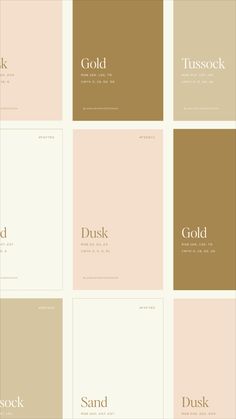 several different shades of pink, brown and beige with the words gold on them in white