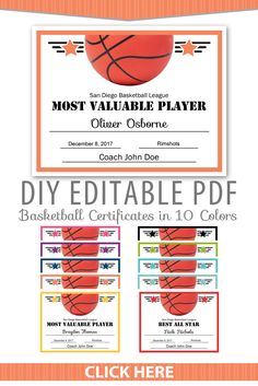 a basketball certificate is shown with the name and number for each player in this game