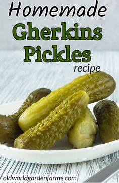 homemade gherkins pickles recipe on a white plate