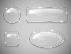 glass buttons and plates with glares on grey background, set of four different shapes