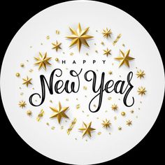 a white plate with gold stars and the words happy new year written in black ink