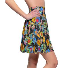 "This beautiful, all over printed Mexican Loteria Cards Fiesta Skater Skirt has a cozy, soft touch and a casual look. It will instantly become your everyday favorite. 95% Polyester 5% Spandex, extremely strong, resistant to stretching and shrinking Flatlock stitching makes the seams as flat as possible Double waist 4\" wide high-rise elastic waistband 4-way stretch gives extra freedom of movement for both crosswise and lengthwise grains Care instructions: Hand Wash and Line dry If you have any q Latina Style, Mexican Loteria, Loteria Cards, Fiesta Theme Party, Circle Dress, Skirt High Waist, Latina Fashion, Fiesta Party, Stretching