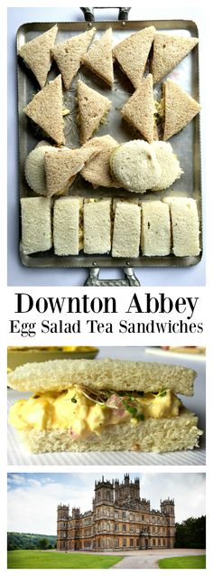 an advertisement for downton abbey egg salad tea sandwiches, with images of the castle in the background