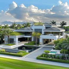 an aerial view of a modern home surrounded by palm trees and greenery in the foreground