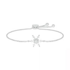 With an elegant snowflake design, this bolo bracelet is destined to delight. Created in sterling silver, this look sparkles with diamond accents and beaded details along a finely detailed snowflake. Polished to a bright shine, this wheat chain bracelet adjusts up to 9.5 inches in length and secures with a bolo clasp and ball ends. Elegant Snowflake, Rare Jewelry, Bolo Bracelet, Snowflake Design, Peoples Jewellers, Holiday Jewelry, Snowflake Designs, Diamond Bracelets, Winter Style