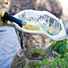 a bottle of wine in a silver ice bucket on rocks near water and greenery