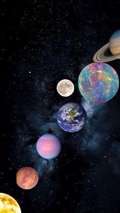 an artist's rendering of the solar system, with eight planets in front of it