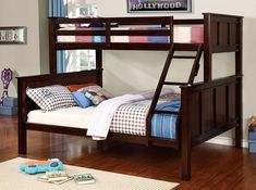 a wooden bunk bed sitting on top of a hard wood floor