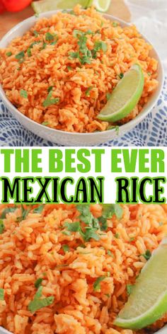 mexican rice in a white bowl with limes on the side and text overlay