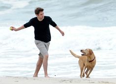 a man and his dog playing on the beach with an apple in their hand,