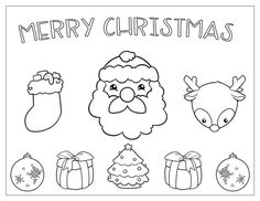 merry christmas coloring page with santa claus and other holiday related items for kids to color