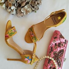 This Are Great! I Love The Embroidered Designs. Butterflies Adorn The Toes & Heel. Size 7 4" Heel Summer Floral Embroidered Heels, Embroidered Round Toe Sandals For Party, Embroidered High Heel Sandals For Party, Embroidered Open Toe Heels For Spring, Spring Embroidered Open Toe Heels, Floral Embroidered High Heels For Summer, Spring Party Heels With Embroidery, Floral Embroidery Heels For Summer, Embroidered Low Heel Spring Heels