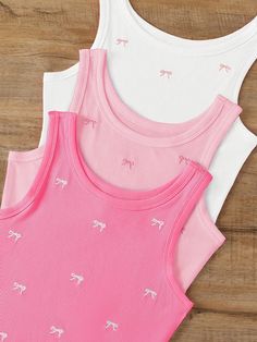 Women Bow Embroidery Round Neck Vest Multicolor Casual    Animal,Textured Pattern Tank High Stretch  Women Clothing, size features are:Bust: ,Length: ,Sleeve Length: Bow Embroidery, Top Graphic Tees, Casual Style Outfits, Dream Clothes, Graphic Tees Women, Casual Outfit, Look Fashion, Pink And White, Aesthetic Clothes