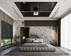 a modern bedroom with marble walls and flooring