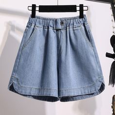 Denim Shorts For Women High Waist Blue Wide Leg Thin Jeans Summer Casual Elastic Waist Loose Shorts Summer Jean Shorts, Girls Denim Shorts, Summer Jeans, Jeans For Short Women, Shorts Women, Plus Size Shorts, Shorts Jeans, Denim Shorts Women, Short En Jean