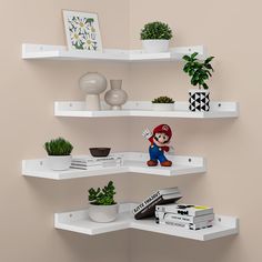 the shelves are filled with plants, books and other things to decorate on top of them