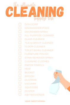 a hand holding a glass with cleaning supplies in it and the words, ultimate guide to clean