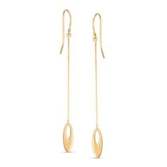 Smart and chic, these drop earrings are certain to be noticed. Created in 14K gold, each sleek earring features a petite open oval drop that dangles from a shimmering length of chain. Polished to a bright shine, these earrings suspend from French wire backs. Formal 14k Gold Drop Threader Earrings, Modern 14k Gold Teardrop Linear Earrings, Classic 14k Gold Threader Earrings For Formal Occasions, Elegant Oval Teardrop Pierced Earrings, Formal 14k Gold Threader Earrings, Elegant Yellow Gold Linear Earrings With Delicate Chain, Yellow Gold Drop Threader Earrings For Formal Occasions, Formal Linear Earrings With Delicate Chain And Long Drop, Minimalist Oval Link Earrings For Formal Occasions