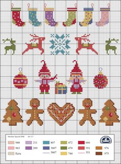 a cross stitch pattern with christmas decorations and gingerbreads on the front, as well as