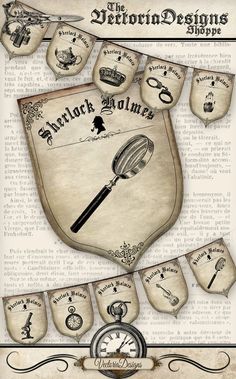 the victorian designs show logo and emblems on an old - fashioned paper background with scissors, magnifying glass, pocket watch and other items