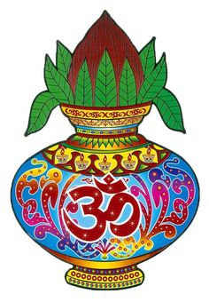 a colorful vase with an omen symbol painted on the front and side, surrounded by leaves