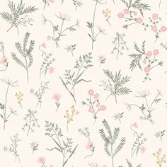 a floral wallpaper with pink, yellow and green flowers on white background in pastel colors