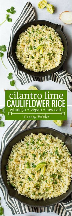 two skillets filled with cauliflower rice and garnished with cilantro