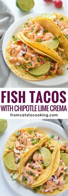 fish tacos with chipotle lime crema on a white plate and in the background