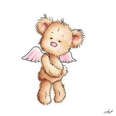 a teddy bear with angel wings on it's back, in watercolor and ink