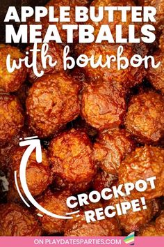 a pile of cooked meatballs with the words crockpot recipe on it in white lettering