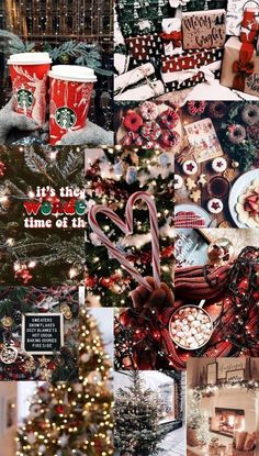 christmas collage with coffee cups, candy canes, and other holiday items on display