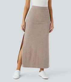 Women’s Ribbed High Waisted Split Hem A Line Maxi Casual Skirt - Halara Halara Skirt, Chic Long Skirt, Building Wardrobe, Casual Maxi Skirt, College Clothes, Spring Skirts, High Waist Fashion, Long Skirts, Bleach Wash