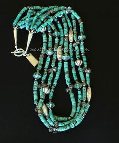 This impressive Necklace features 4 strands of elegant Turquoise Heishi. The Heishi is 5.5mm in diameter and displays a range of blue and green hues, accented by brown matrix. The blend of color is eye-catching and attractive. The stones have been beautifully cut and polished, with careful attention to symmetry and shape. We've paired the Turquoise with a number of complementary elements, including Crystal Teardrops, Aqua Czech Glass Saucers, Czech Druk Glass Rounds, and Fire Polished Glass. The Turquoise Multi-strand Hand-strung Jewelry, Southwestern Multi-strand Turquoise Jewelry, Artisan Multi-strand Jewelry With Spacer Beads, Turquoise Double Strand Polished Bead Jewelry, Turquoise Multi-strand Jewelry For Jewelry Making, Unique Multi-strand Turquoise Jewelry, Unique Multi-strand Jewelry With Spacer Beads, Unique Turquoise Multi-strand Jewelry, Turquoise Multi-strand Jewelry With Large Beads